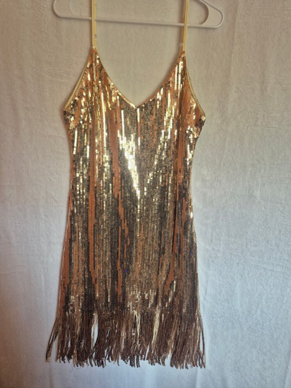 Gold Sequin Fringe Party Dress Size L Fringe Gatsby Glam 1920s Ballroom